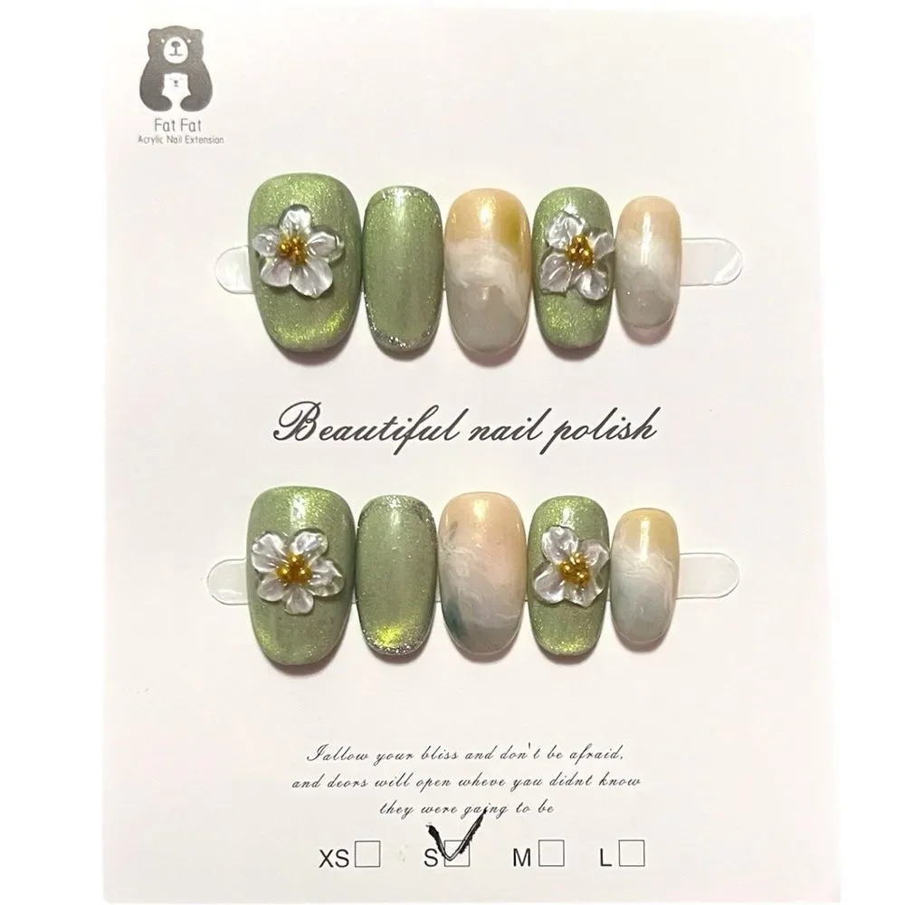 Stylish Handmade Green 3D Flower Press-On Nails Size S